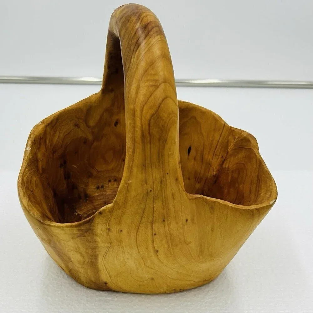 Hand Carved Burlwood Handled Basket Rustic Folk Art 8.5